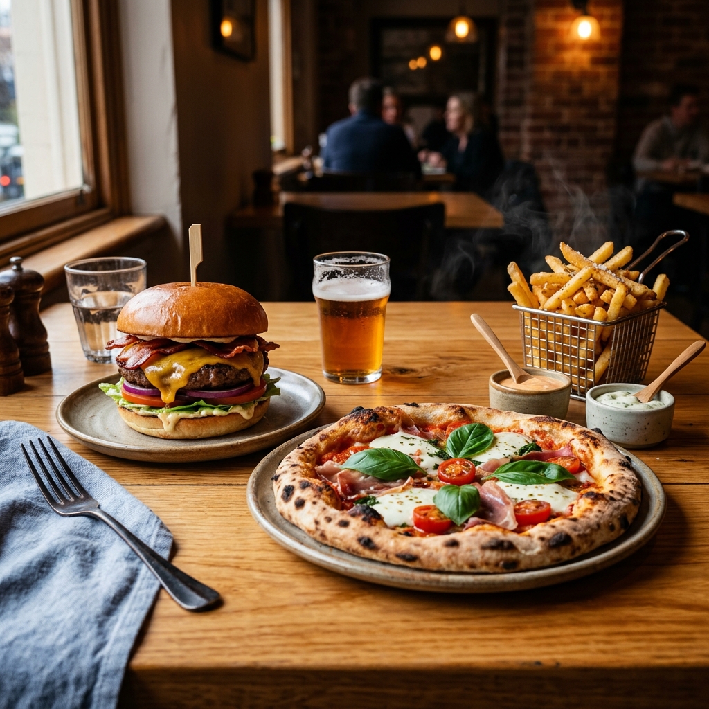 Fotografía hiperrealista de pizza, hamburguesas y cena nocturna a domicilio en Pereira